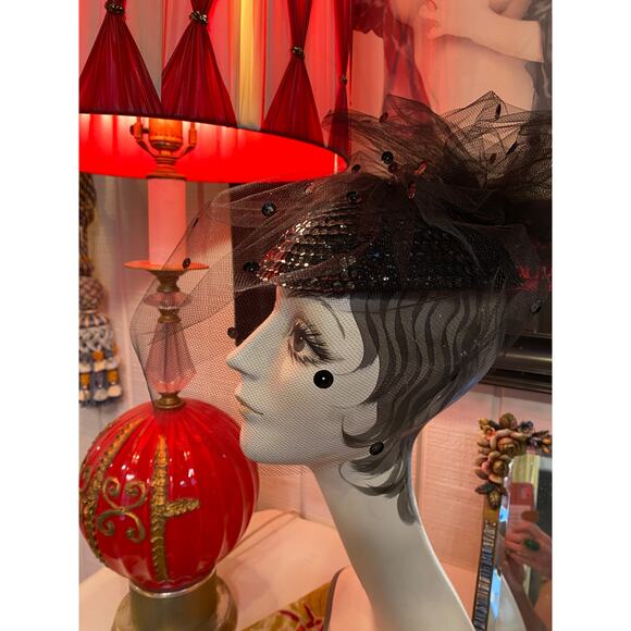 vintage 1980s black sequin fascinator 80s hat with veil avant garde holiday nye - Picture 2 of 8